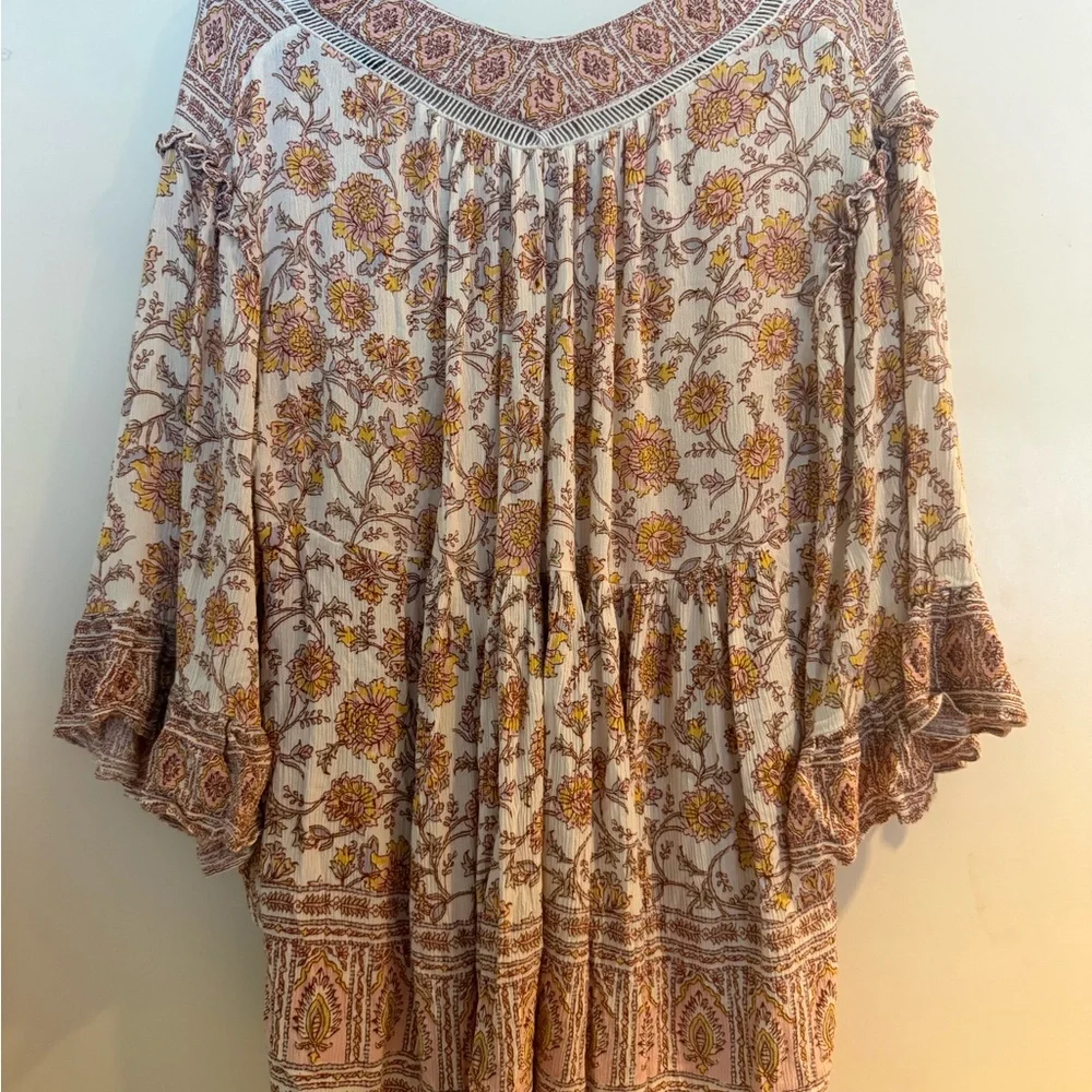 Free People Cream and Light Pink Floral Boho Blouse
